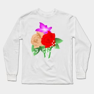 Red and Peach Rose Design Long Sleeve T-Shirt